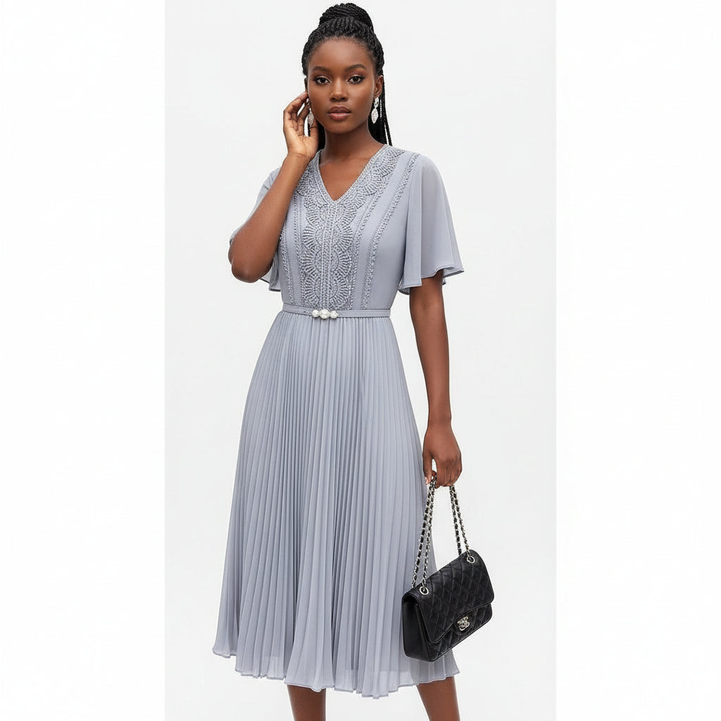 V-Neck platted Short sleeve Dress