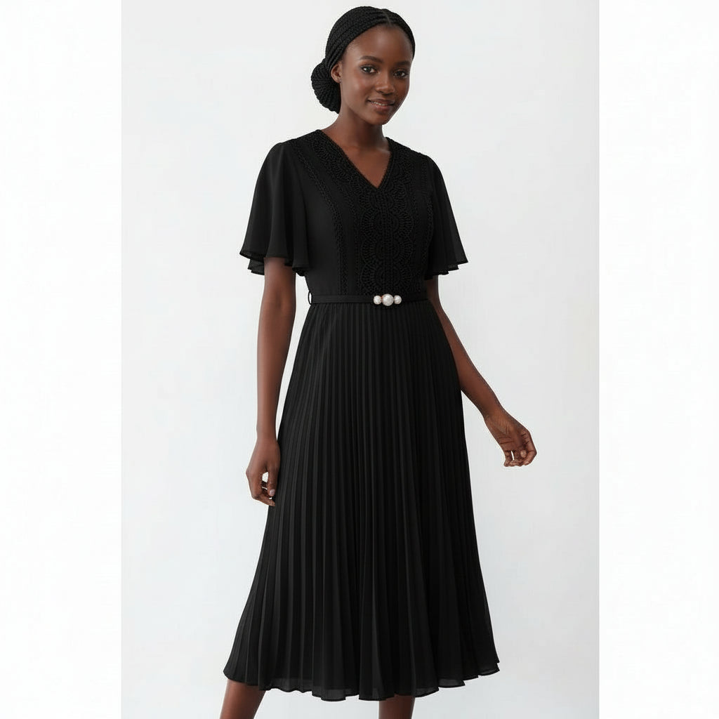 V-Neck platted Short sleeve Dress