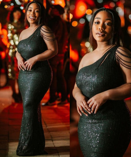 One Shoulder Beads Floor-Length Dress