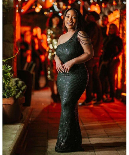 One Shoulder Beads Floor-Length Dress