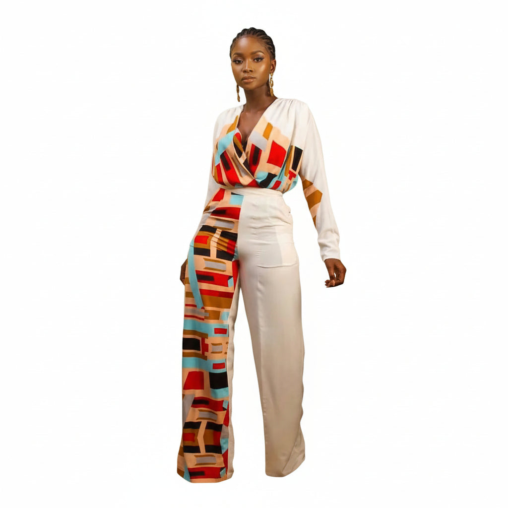 Long Sleeve V-Neck With Splicing High Waist Pants Jumpsuit