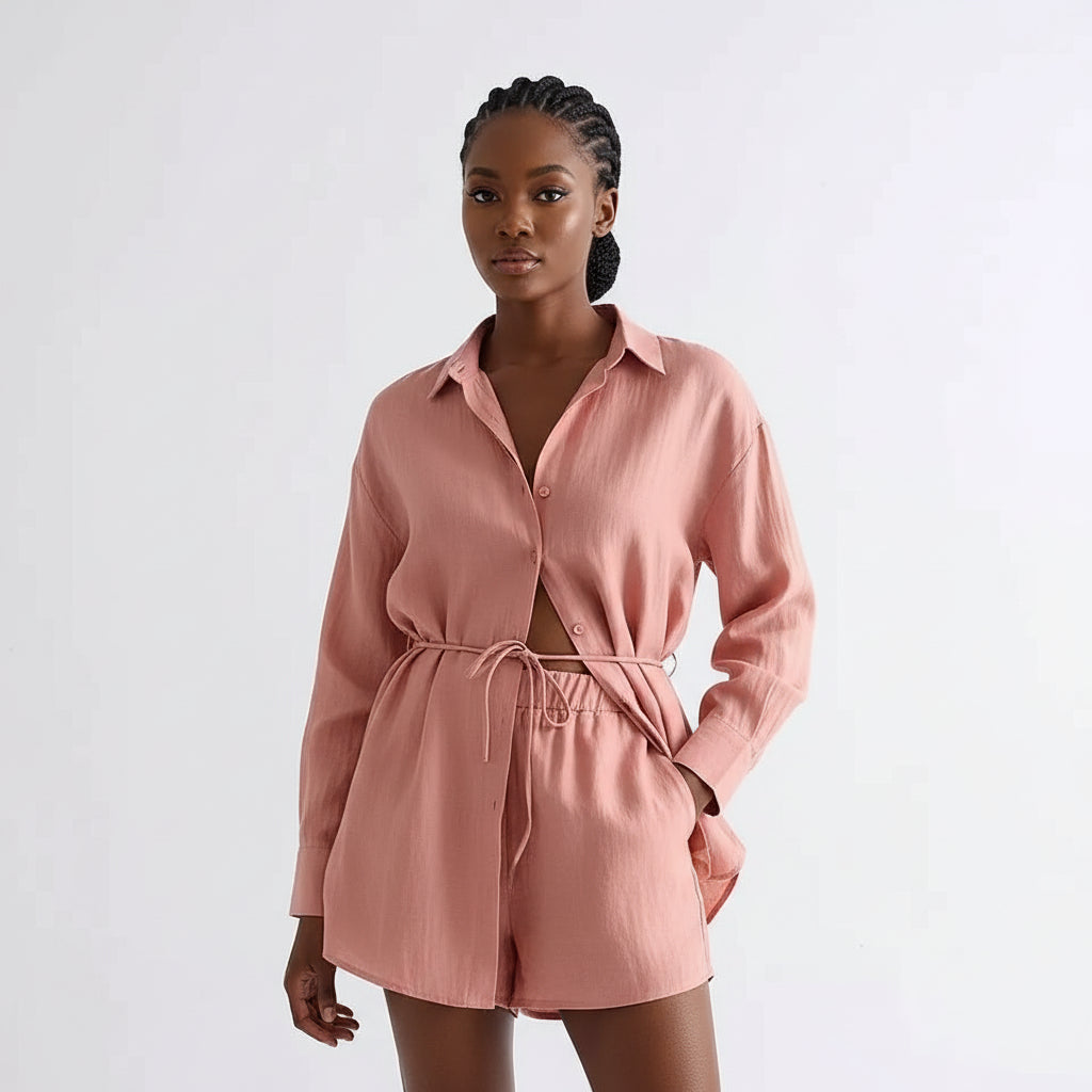 Lace-Up Shirt With High Waist Casual Shorts Outfit Set