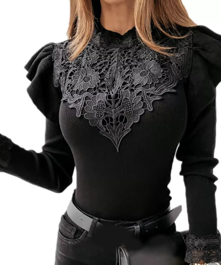 Ruffle Lace Patchwork Long Sleeve Blouse