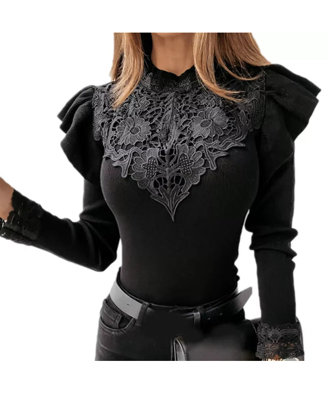 Ruffle Lace Patchwork Long Sleeve Blouse