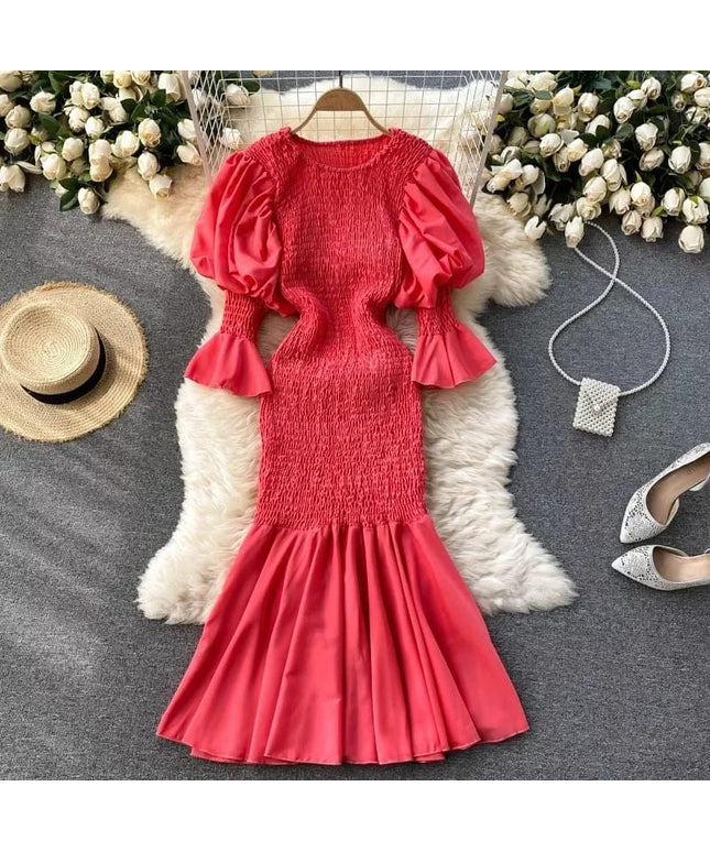 Summer Lace White Midi Dress European Style Slim Fit Fish Tail Dress Polyester Fabric Round Neck Short Sleeve Office Commute Style