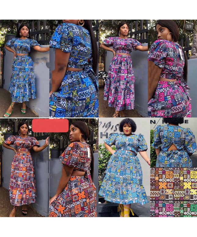 African Printed Short Sleeve Top & Skirt Set