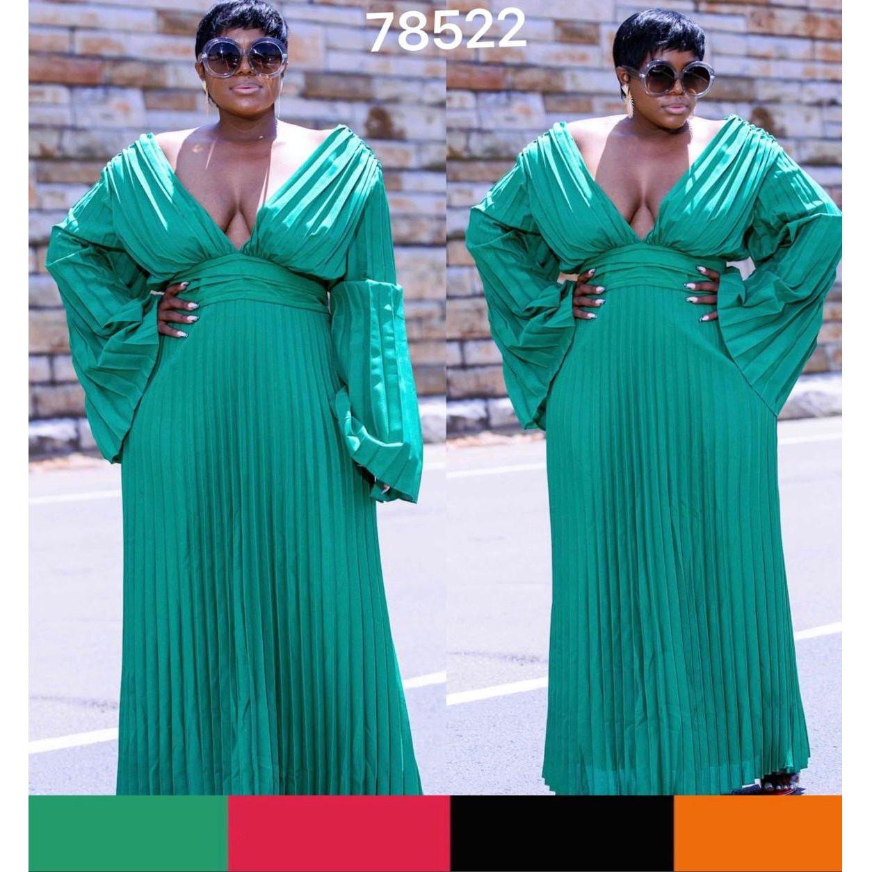 V-Neck Loose Long Sleeve Pleated Dress