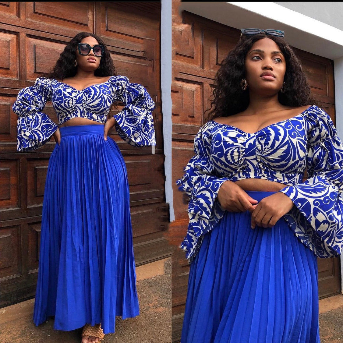 High Waisted Pleated Skirt & Long Sleeve Top Set