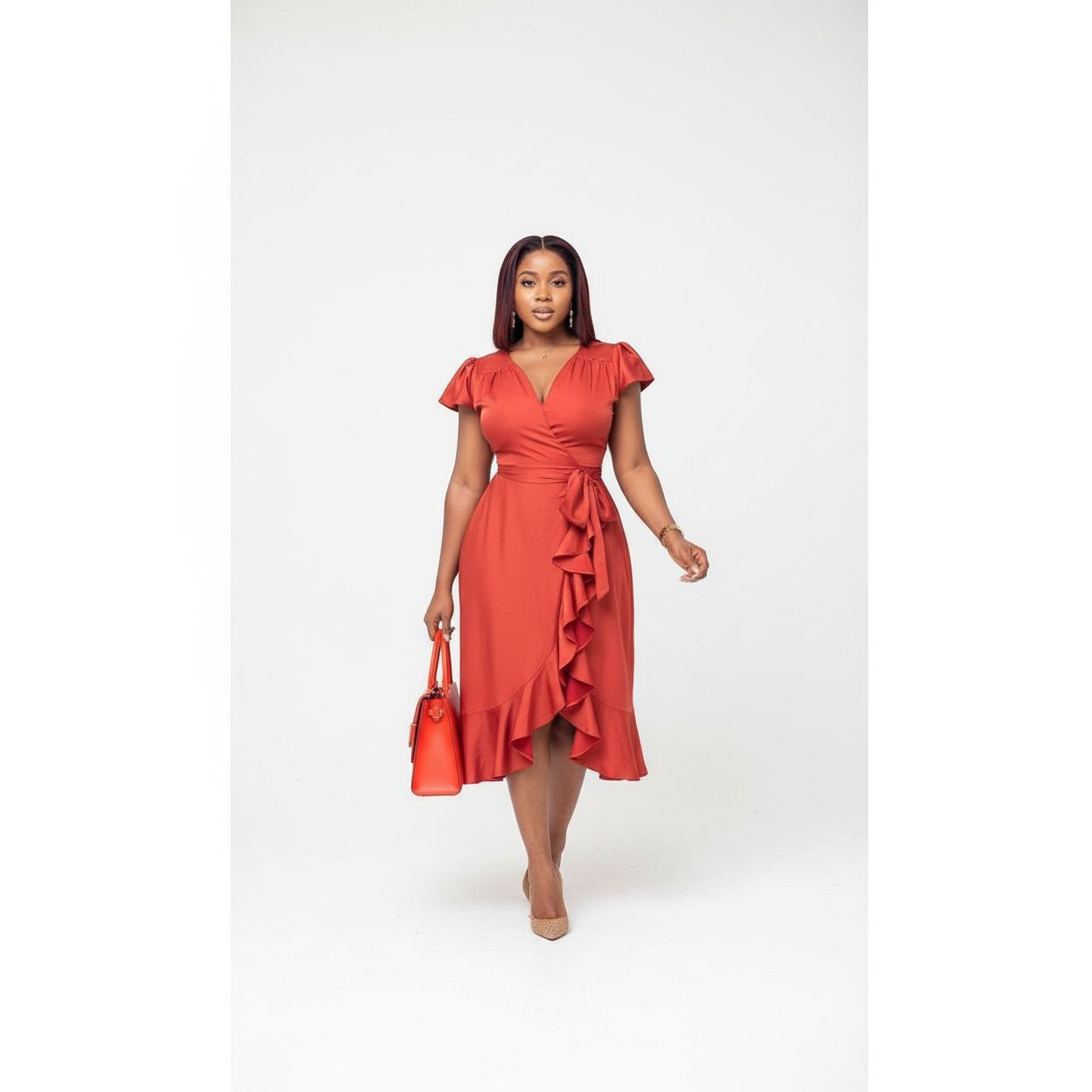 Satin Deep V-Neck Ruffle Dress