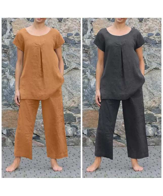 Solid Color Short Sleeve Top and Pant Set