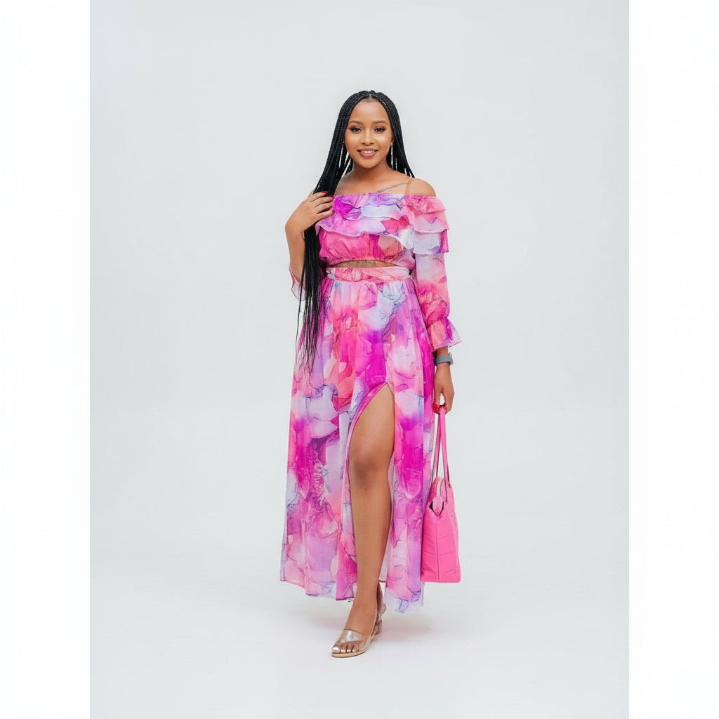 Printed Split Skirt and Crop Top Set