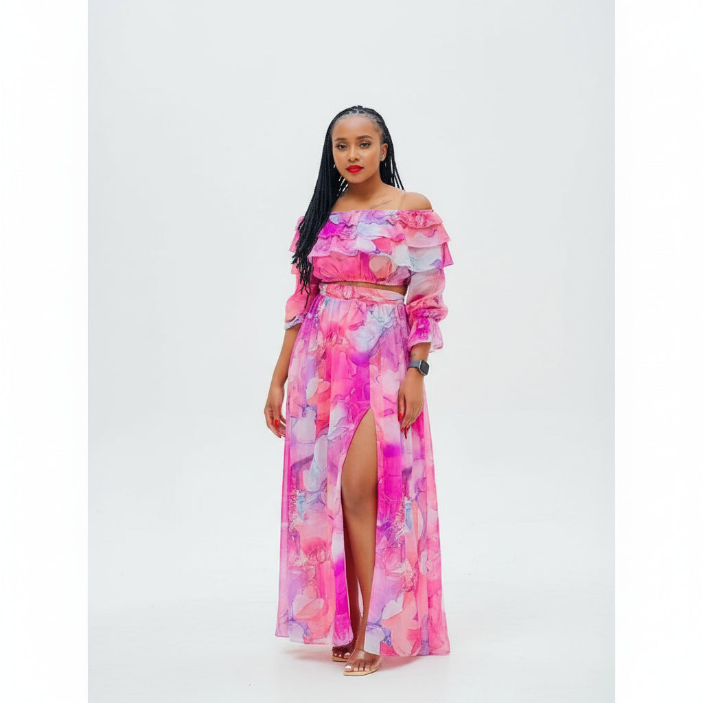 Printed Split Skirt and Crop Top Set
