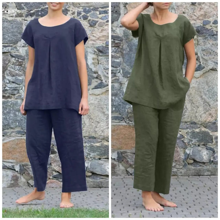 Solid Color Short Sleeve Top and Pant Set