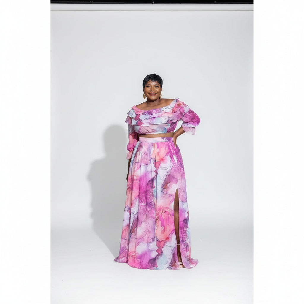 Printed Split Skirt and Crop Top Set