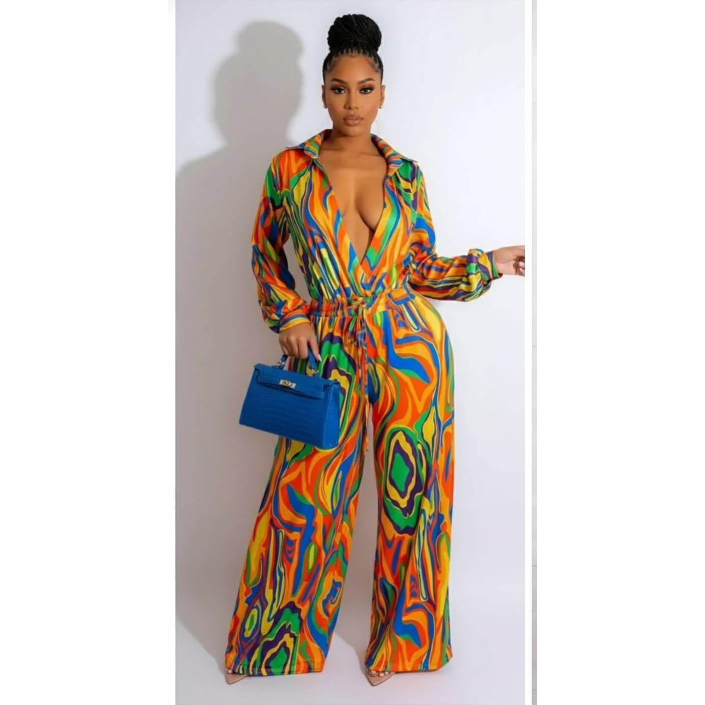 Button Detailed Wireless Print Jumpsuit