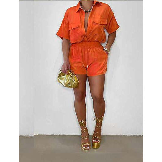 Solid Color Short Sleeve Top With Short Pants Set