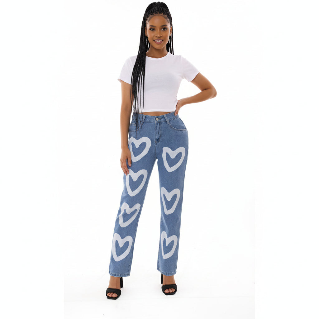 Casual Heart Printed High Waist Jean