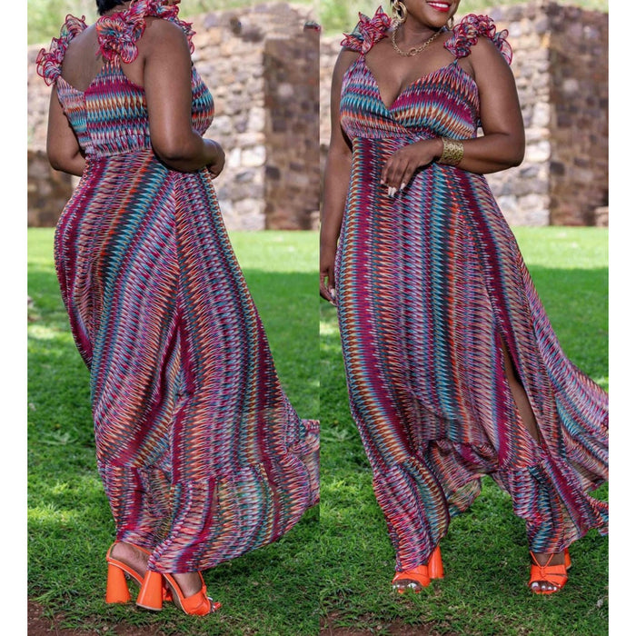 Flowy Backless Chiffon Maxi Dress with Deep V Neck