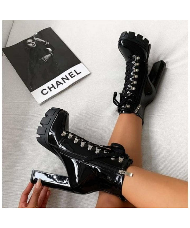 Lace-up High Heel Ankle Boots.