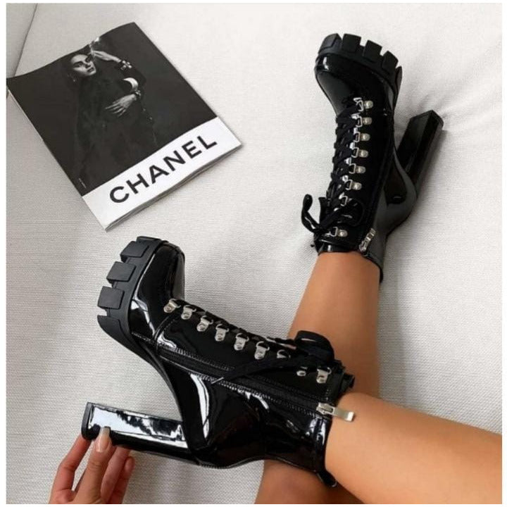 Lace-up High Heel Ankle Boots.