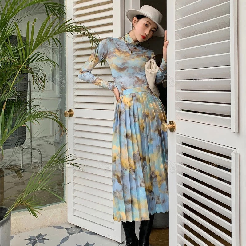 Printed High-Neck Top & Long Skirts Set