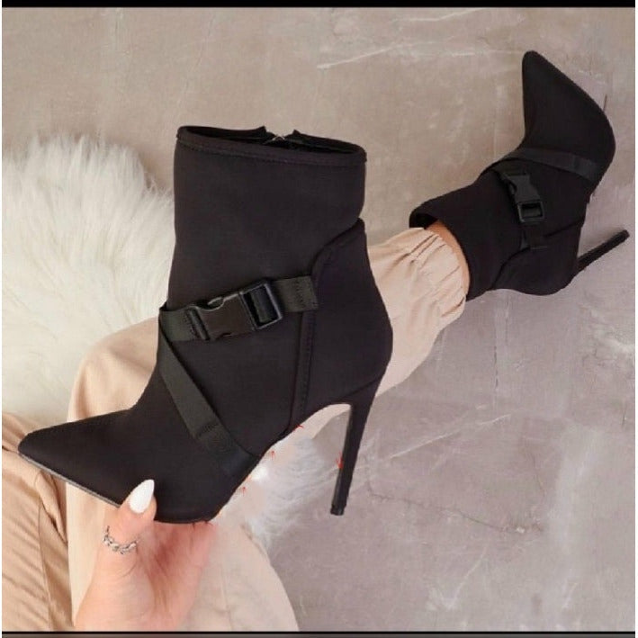 Pointed Toe Buckle Stiletto Heel Ankle Boots