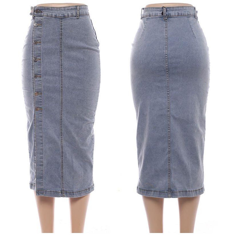 Single Button Split Light Denim Skirt