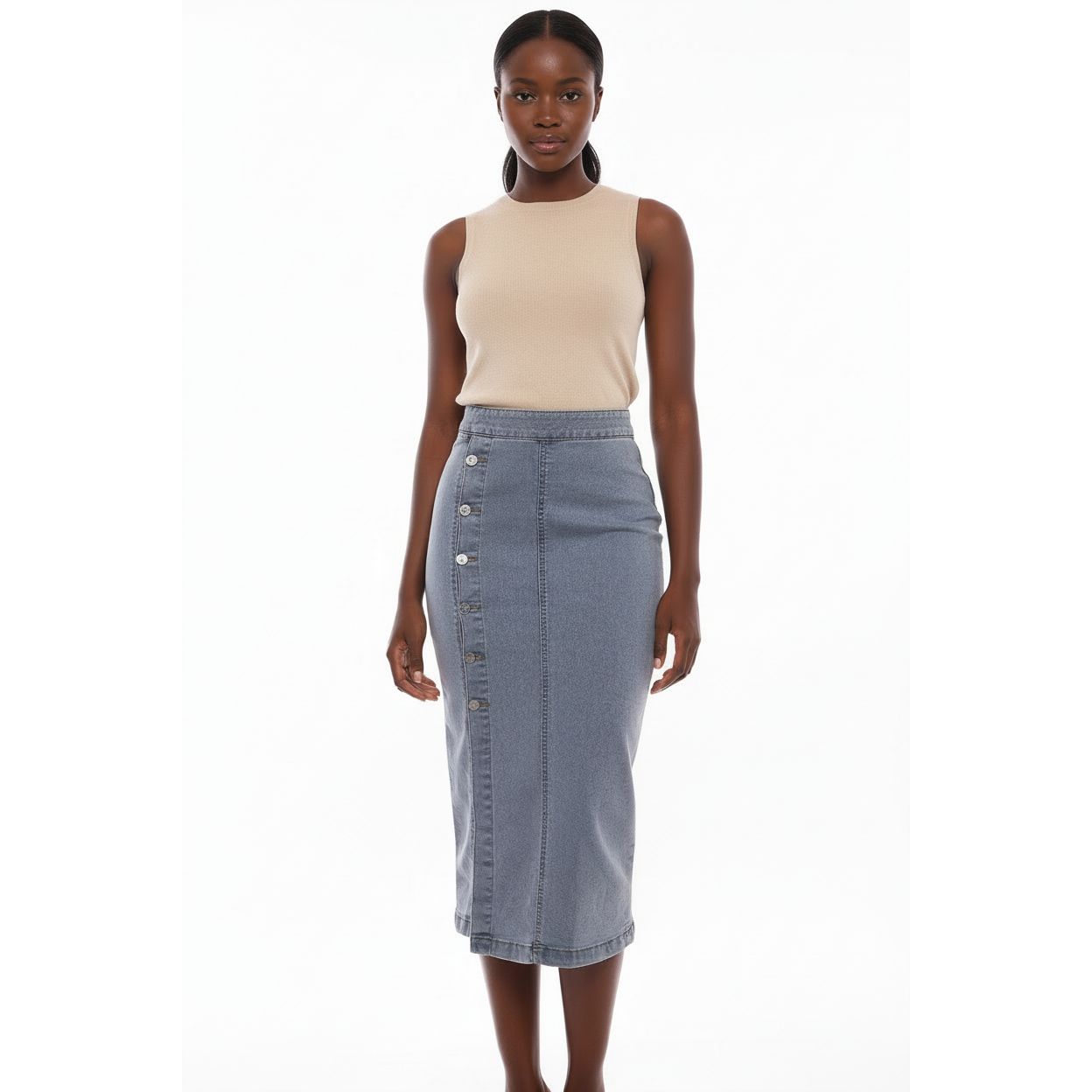 Single Button Split Light Denim Skirt