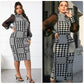 Houndstooth Print Mesh Sleeve Dress