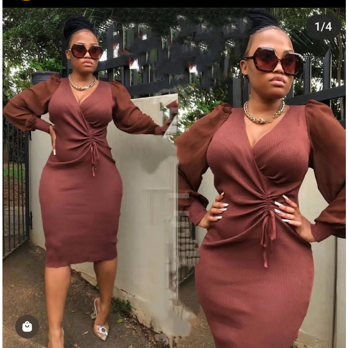 V-Neck Puff Sleeve Bodycon Dress — YELLOW SUB TRADING