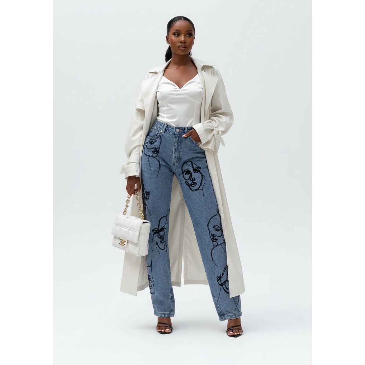 Embroidery High Waist Graphic Denim Mom Jeans
