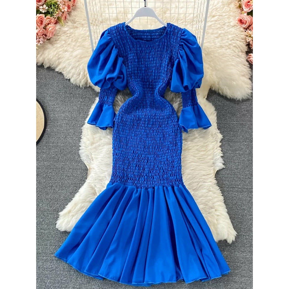 Round Neck Puff Sleeve Bodycon Dress