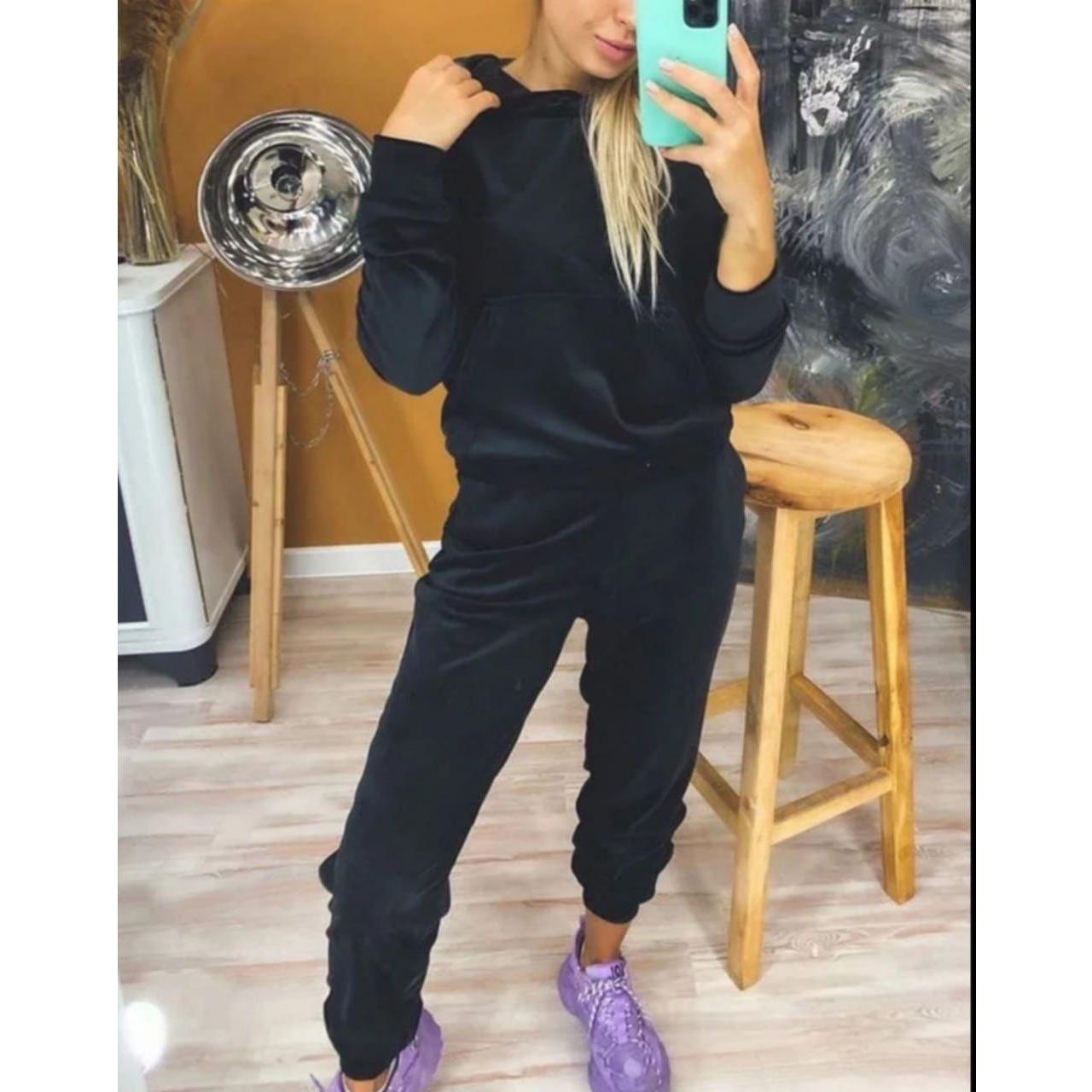 Hooded Pockets Casual Velvet Two Piece Set