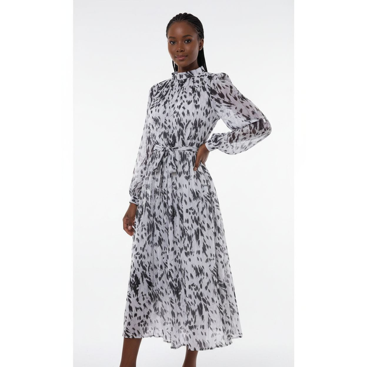 Hit Color Print Loose Strap Pleated Mid Dress