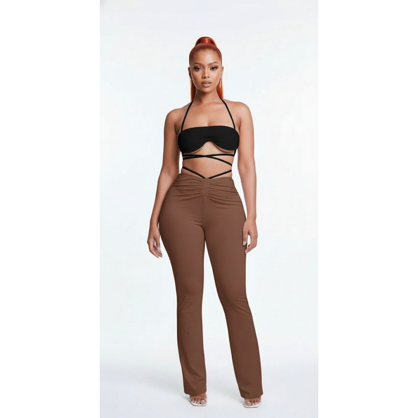 V-shaped waist cross belt flared pants