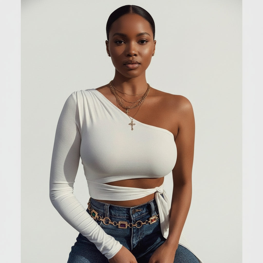 Sexy One Shoulder Long Sleeve Crop Tops