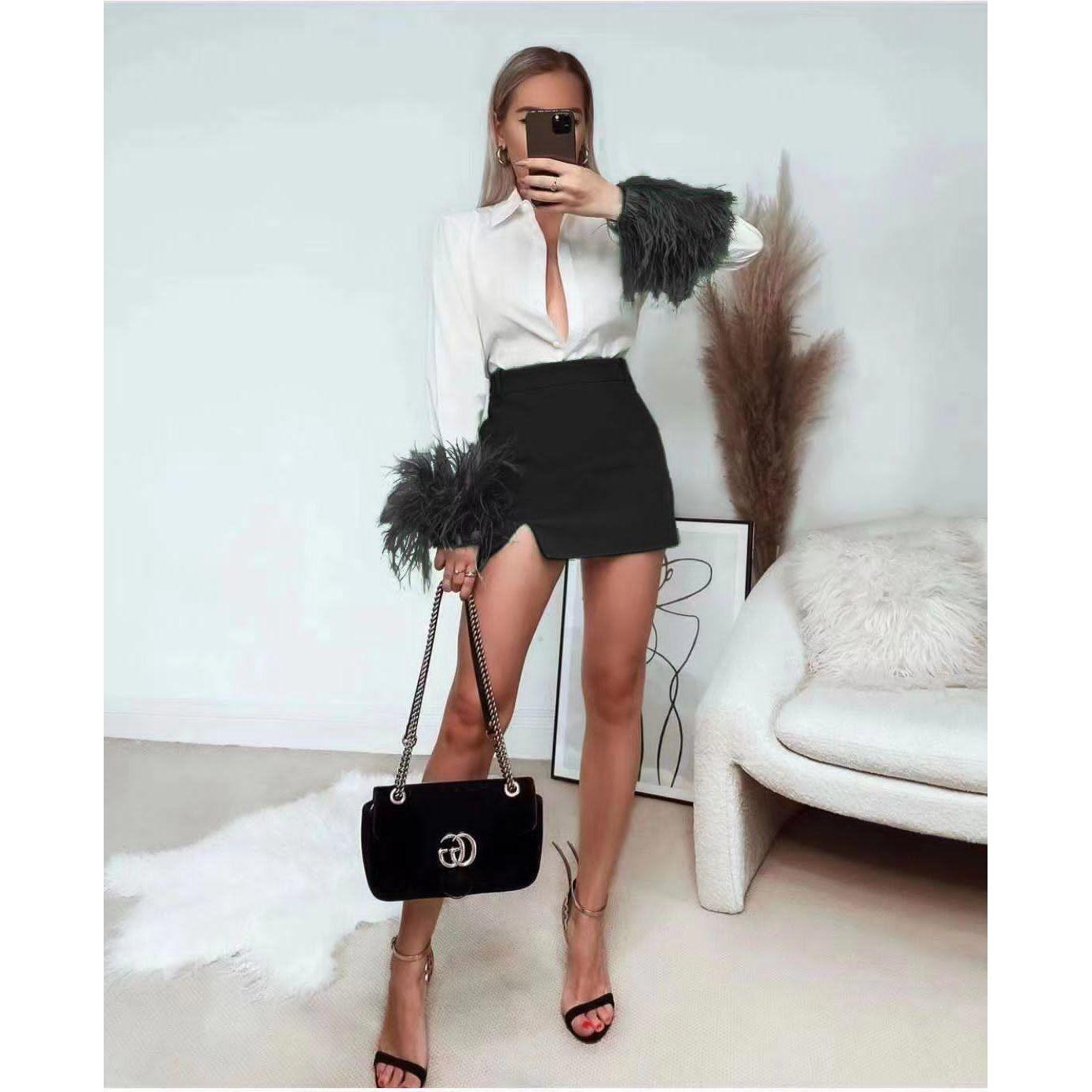 Feathers on the Cuffs Shirt and Mini Skirt Set