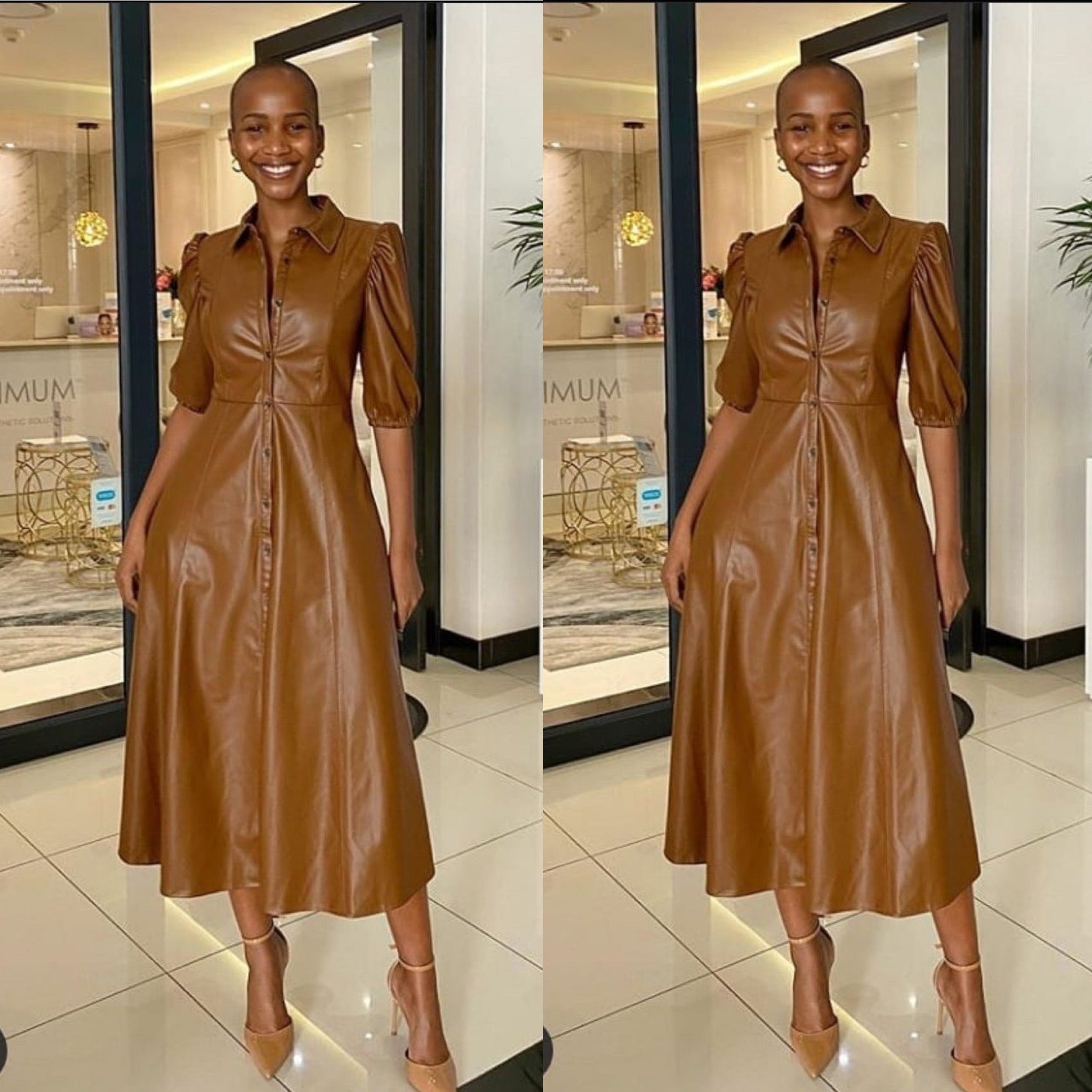 Button Up Faux Lather Vintage Dress