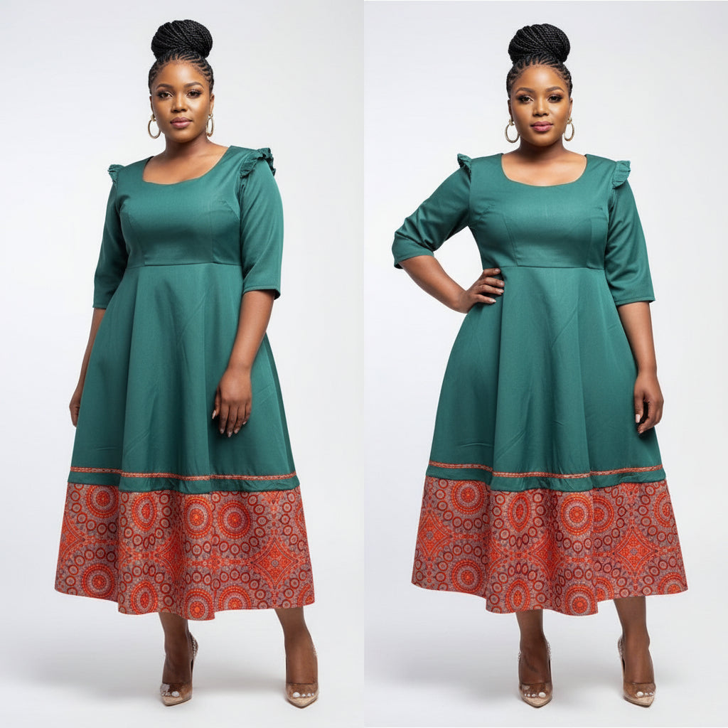 Round Neck 3 Quart Sleeve Ankara Dress