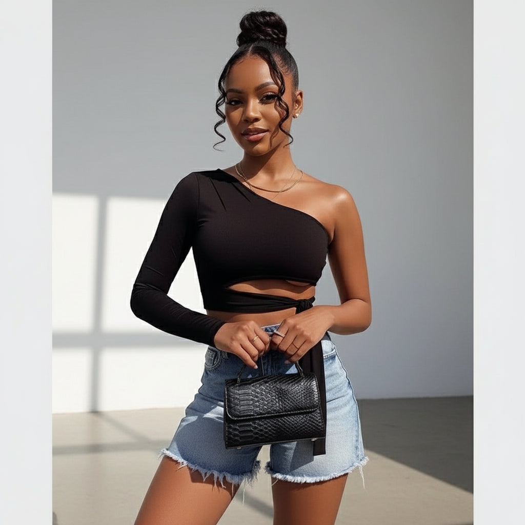 Sexy One Shoulder Long Sleeve Crop Tops