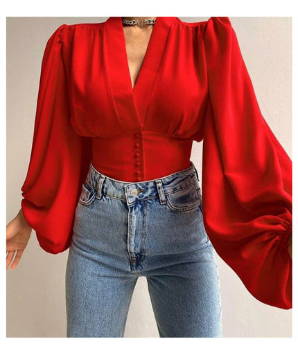 Button Front Puff Lantern Sleeve Top