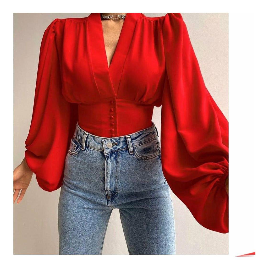 Button Front Puff Lantern Sleeve Top