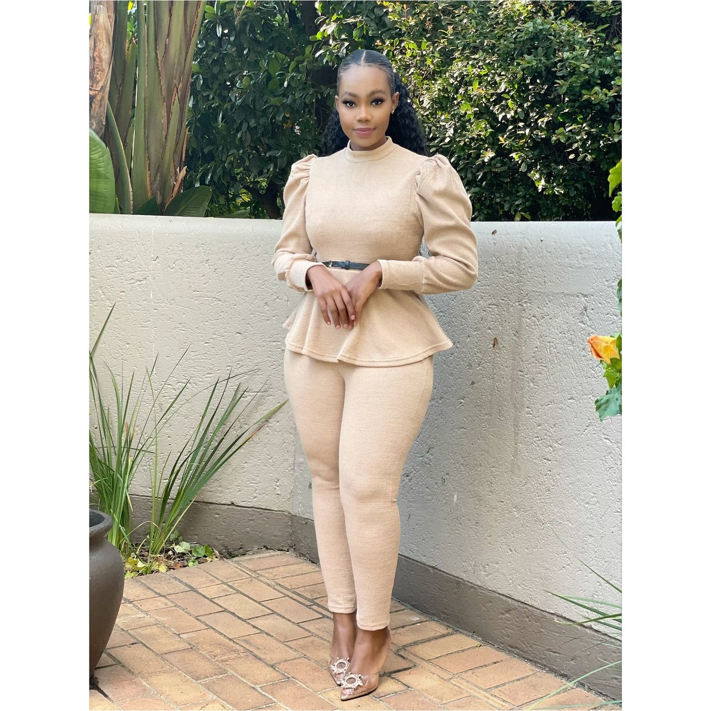 Lantern Sleeve Waist Belt Ruffles Chic Sets