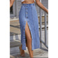 Single Button Split Light Denim Skirt