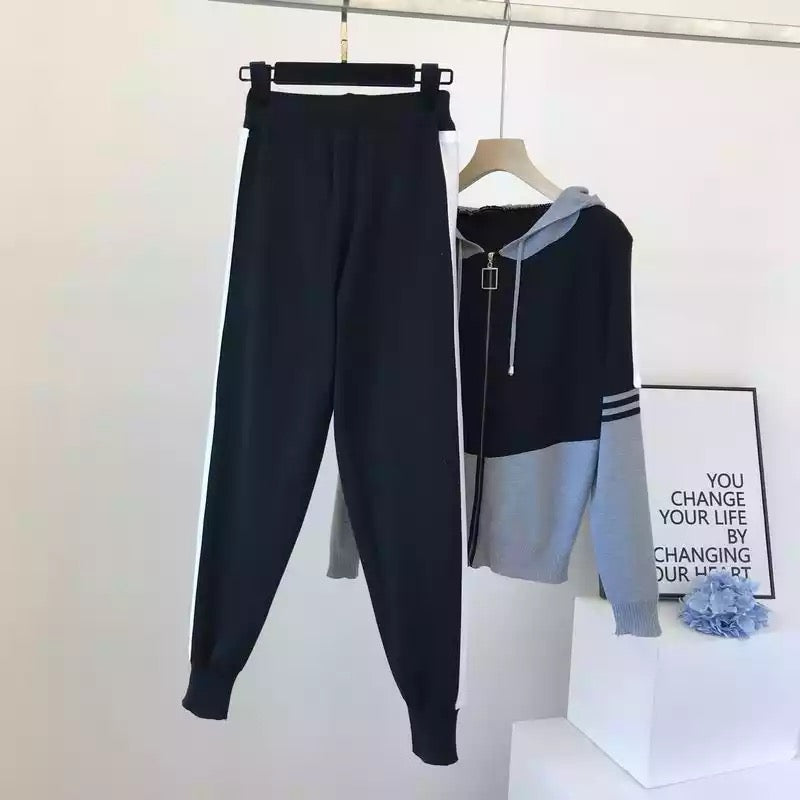 Knit Winter Hooded Zipper Two-piece Set