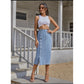 Single Button Split Light Denim Skirt