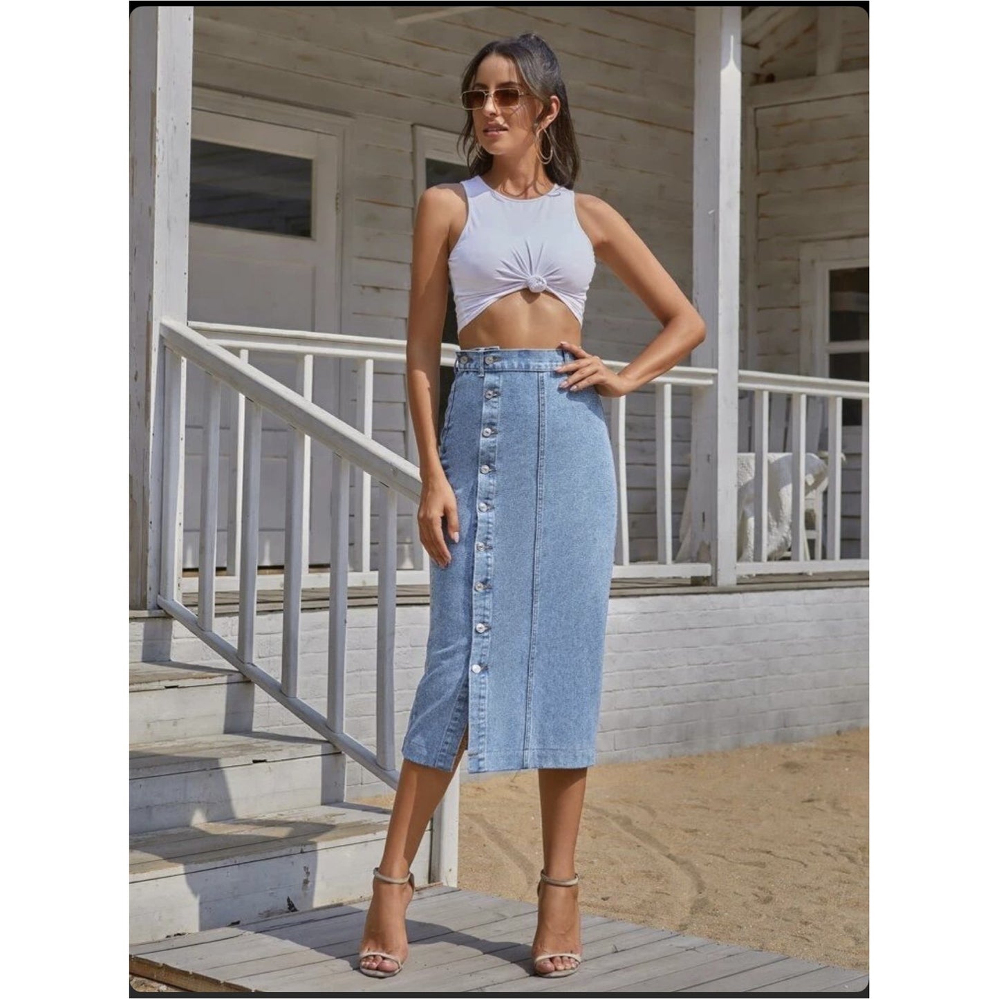 Single Button Split Light Denim Skirt