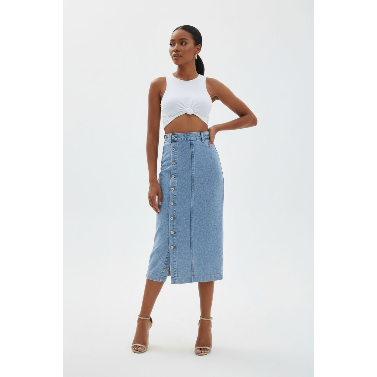 Single Button Split Light Denim Skirt