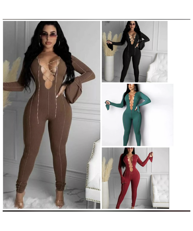 Sexy Lace Up V-neck Flared Sleeves Jumpsuits