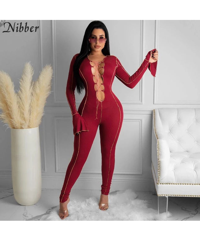 Sexy Lace Up V-neck Flared Sleeves Jumpsuits